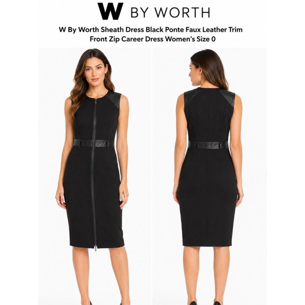 W By Worth Ponte Faux Leather Trim Sheath Dress Women's Black Front Zip Size 0